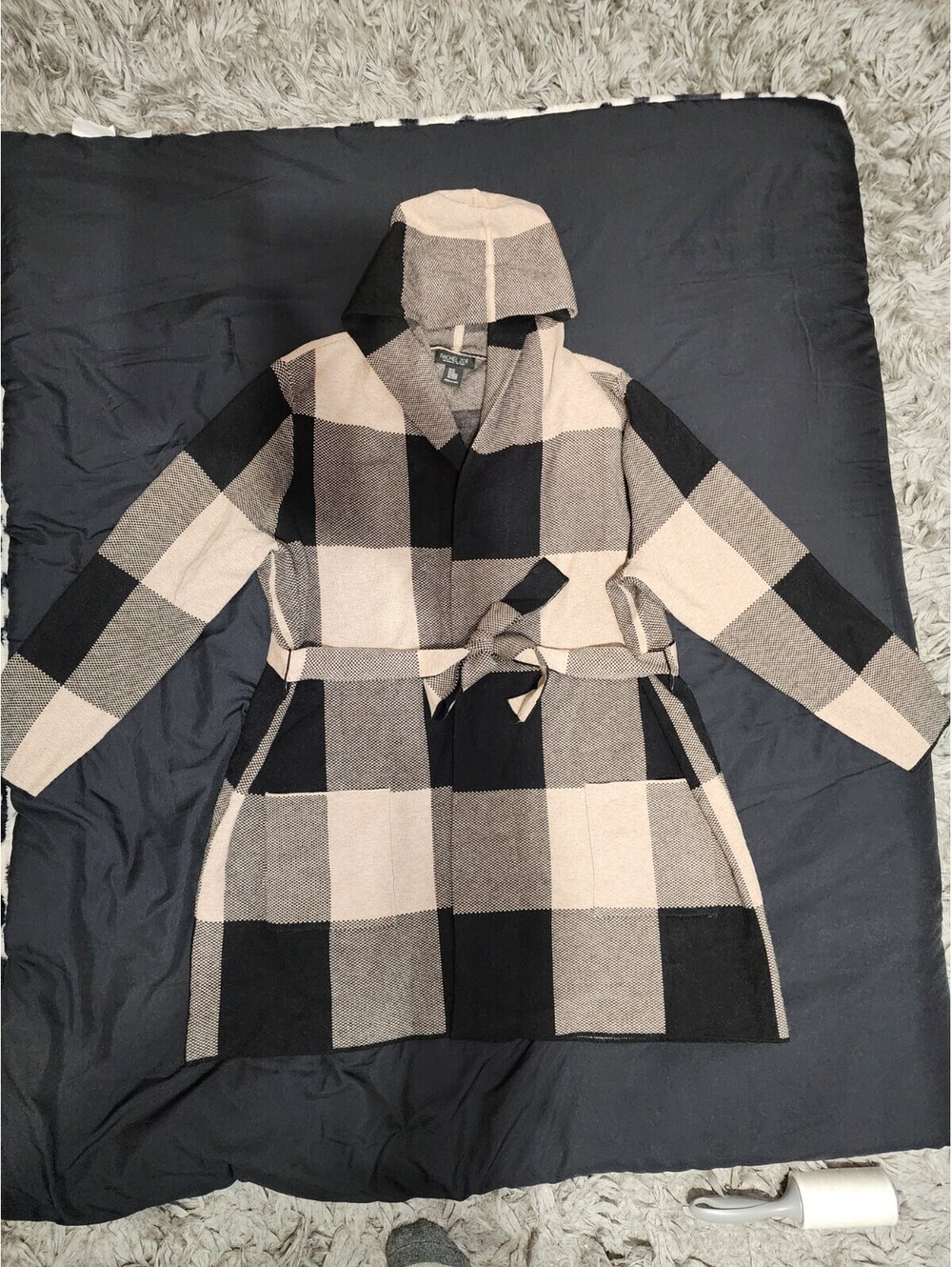 Rachel Zoe Plus 2X 48/50Plaid Hooded Belted Jacket Pockets Black Beige Cream